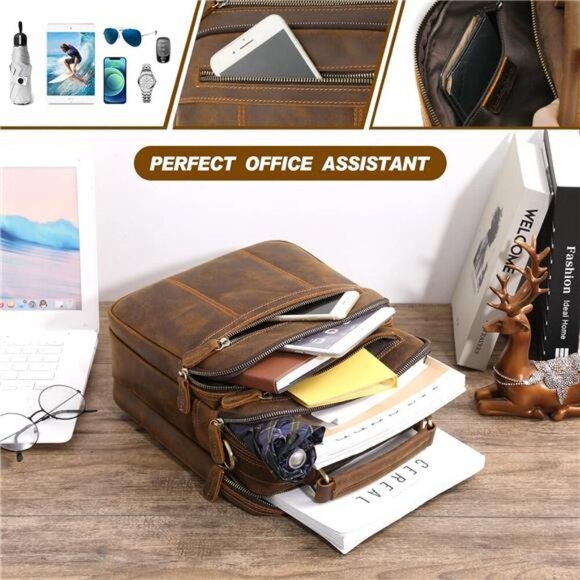 Leather Man Purse Shoulder Bag,Small Mens Crossbody Messenger Bags for Work - Picture 6 of 7